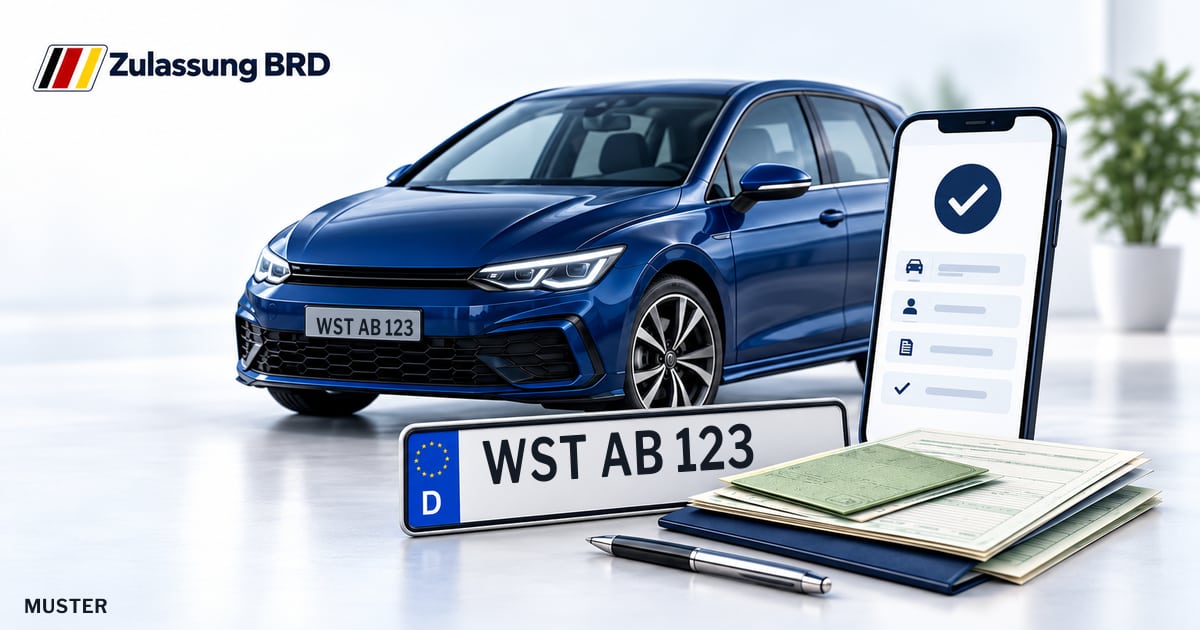 Online Fahrzeugzulassung in Rastede: Musterkennzeichen WST AB 123, Auto und Fahrzeugpapiere und Smartphone. Illustration mit Logo von Zulassung BRD.